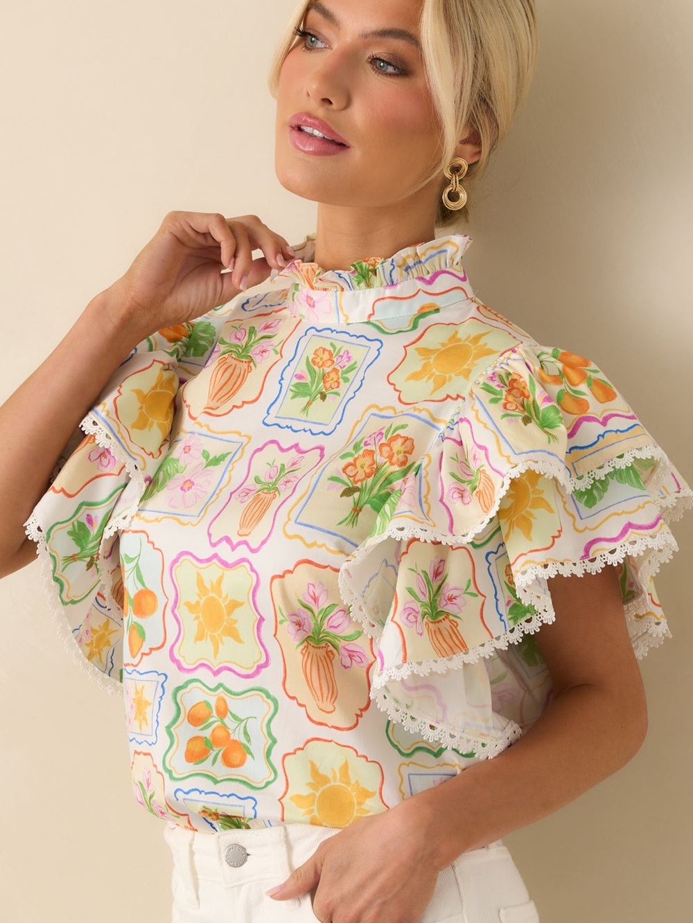 NWT PROSPERINA BLAIR MULTI PRINT COTTON RUFFLE TOP - Picture 1 of 4